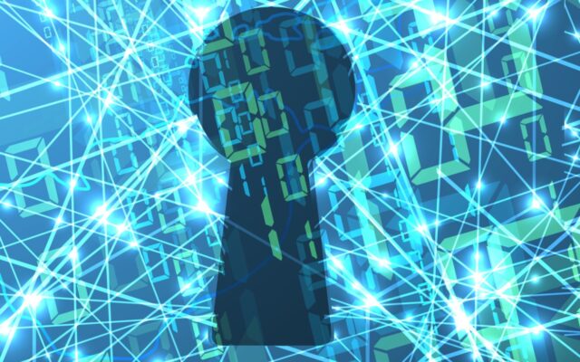 Digital image of a keyhole silhouette over a light blue background that shows series of data connections and binary code in green, representing cybersecurity.